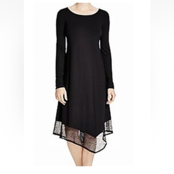 Eileen Fisher Black Midi Dress Long Sleeve Mesh Trim Small - Picture 1 of 10